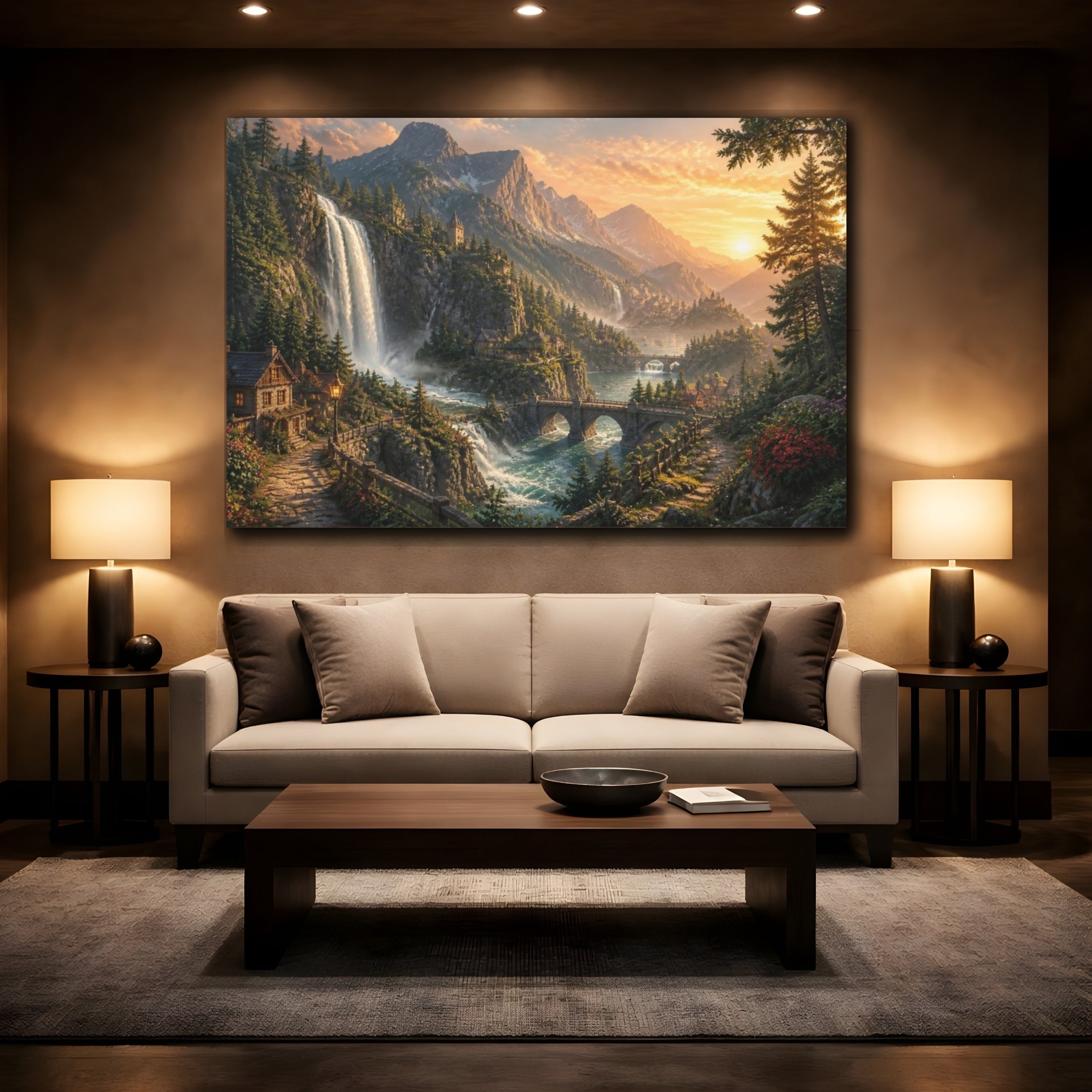 Mockup 2. Golden Waterfall Landscape shown as canvas print