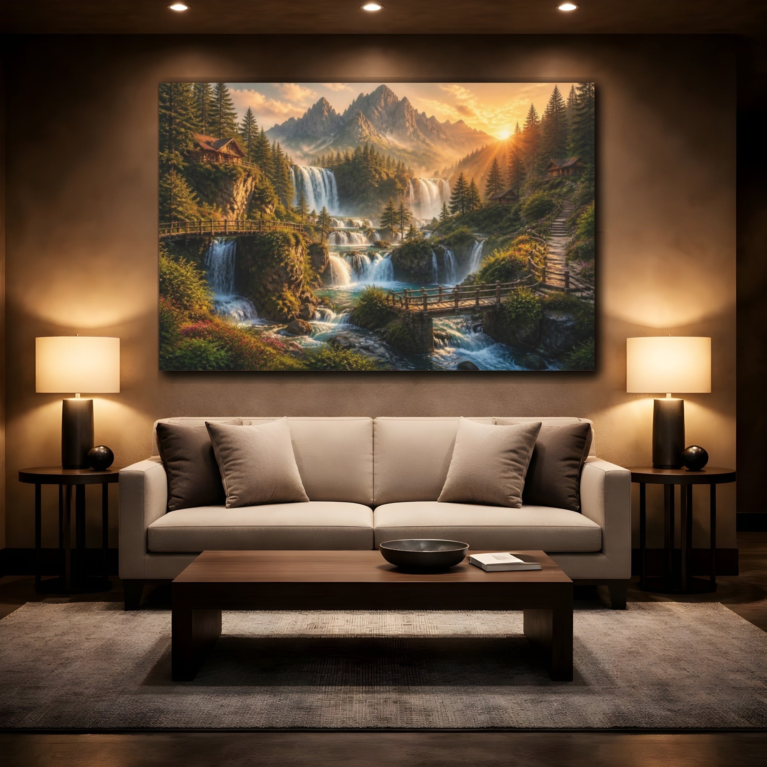 Mockup 2. Golden Waterfall Landscape shown as canvas print