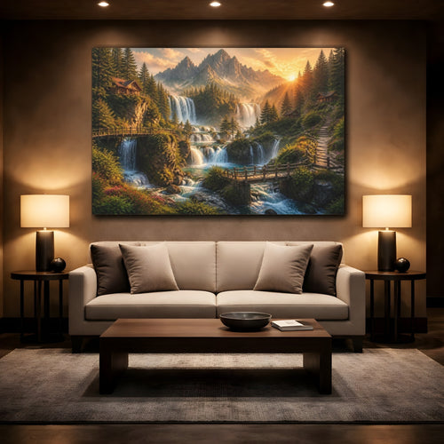 Mockup 2. Golden Waterfall Landscape shown as canvas print