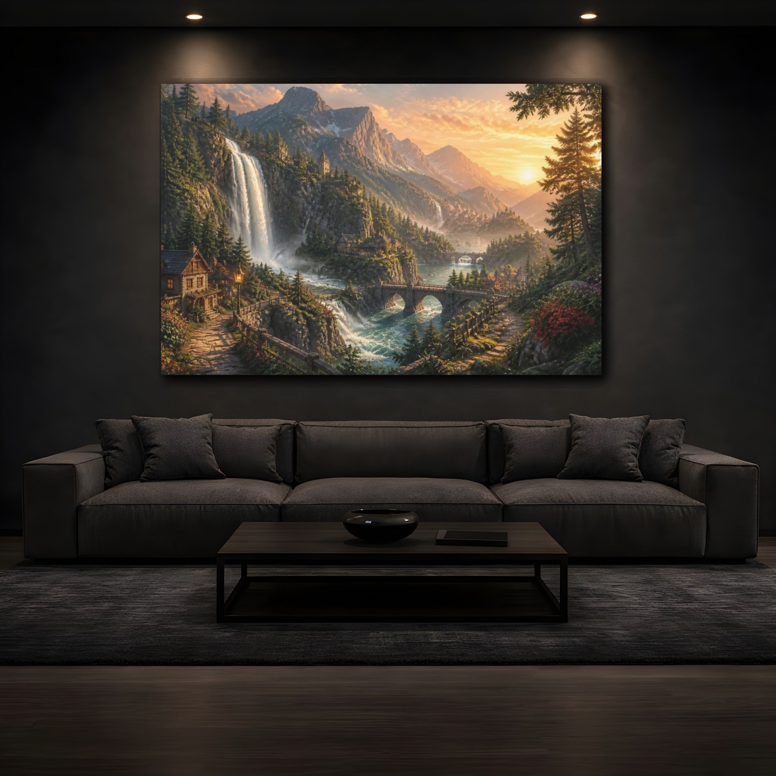 Mockup 3. Golden Waterfall Landscape shown as canvas print