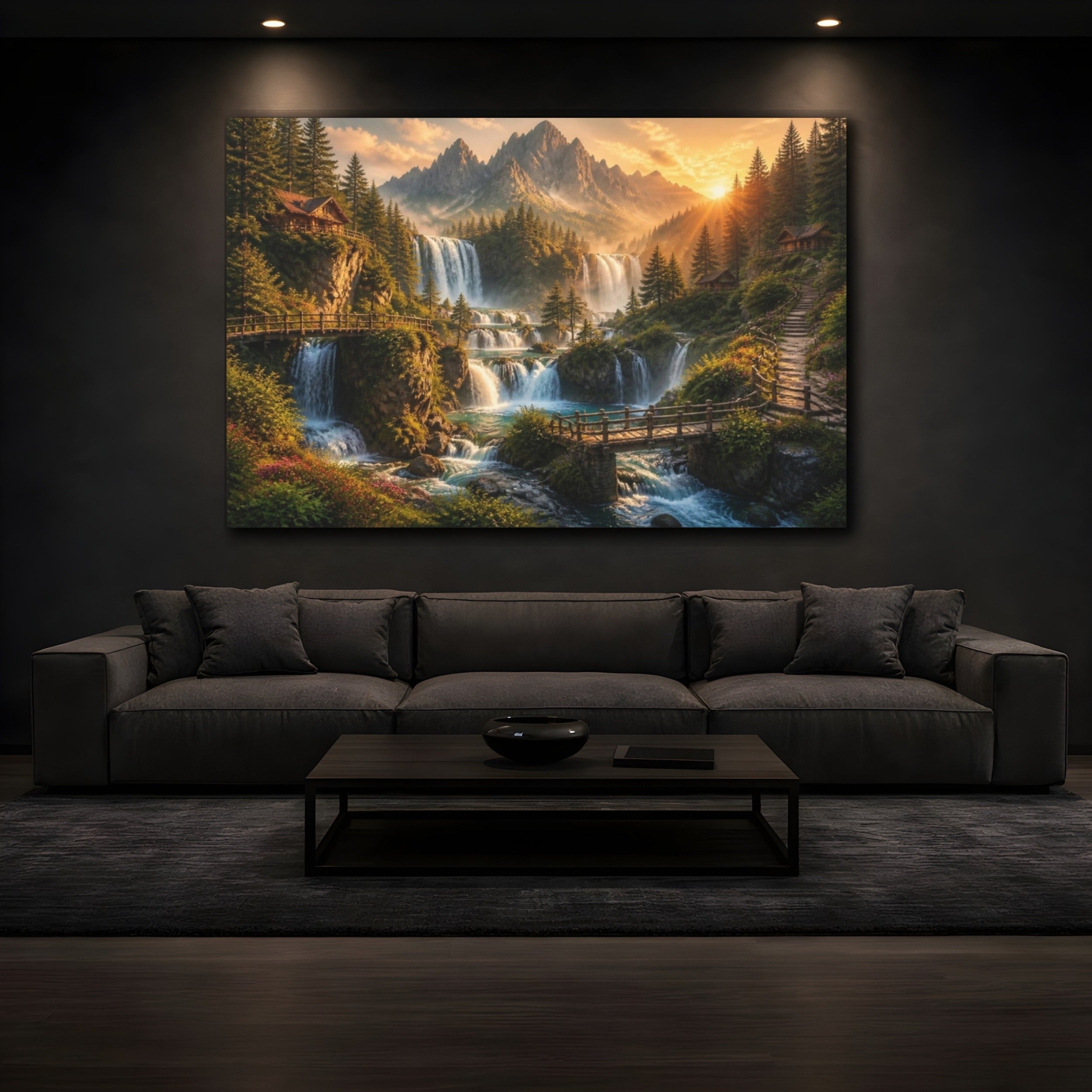 Mockup 3. Golden Waterfall Landscape shown as canvas print