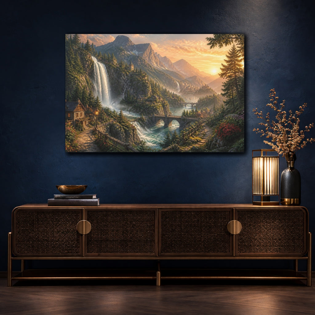 Mockup 4. Golden Waterfall Landscape shown as canvas print