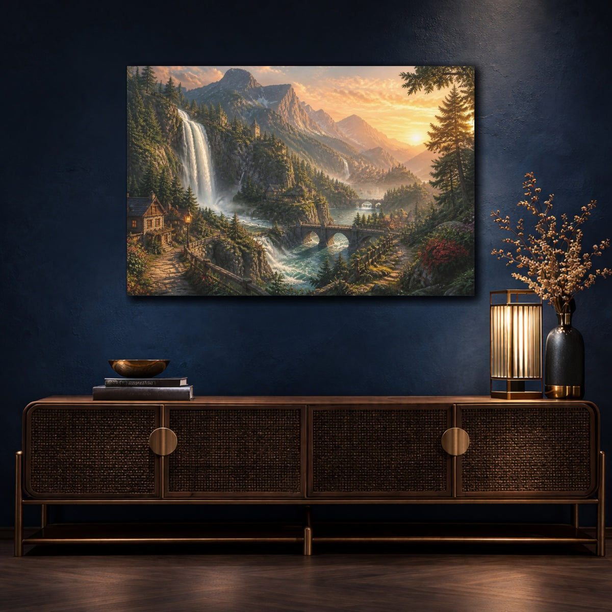 Mockup 4. Golden Waterfall Landscape shown as canvas print