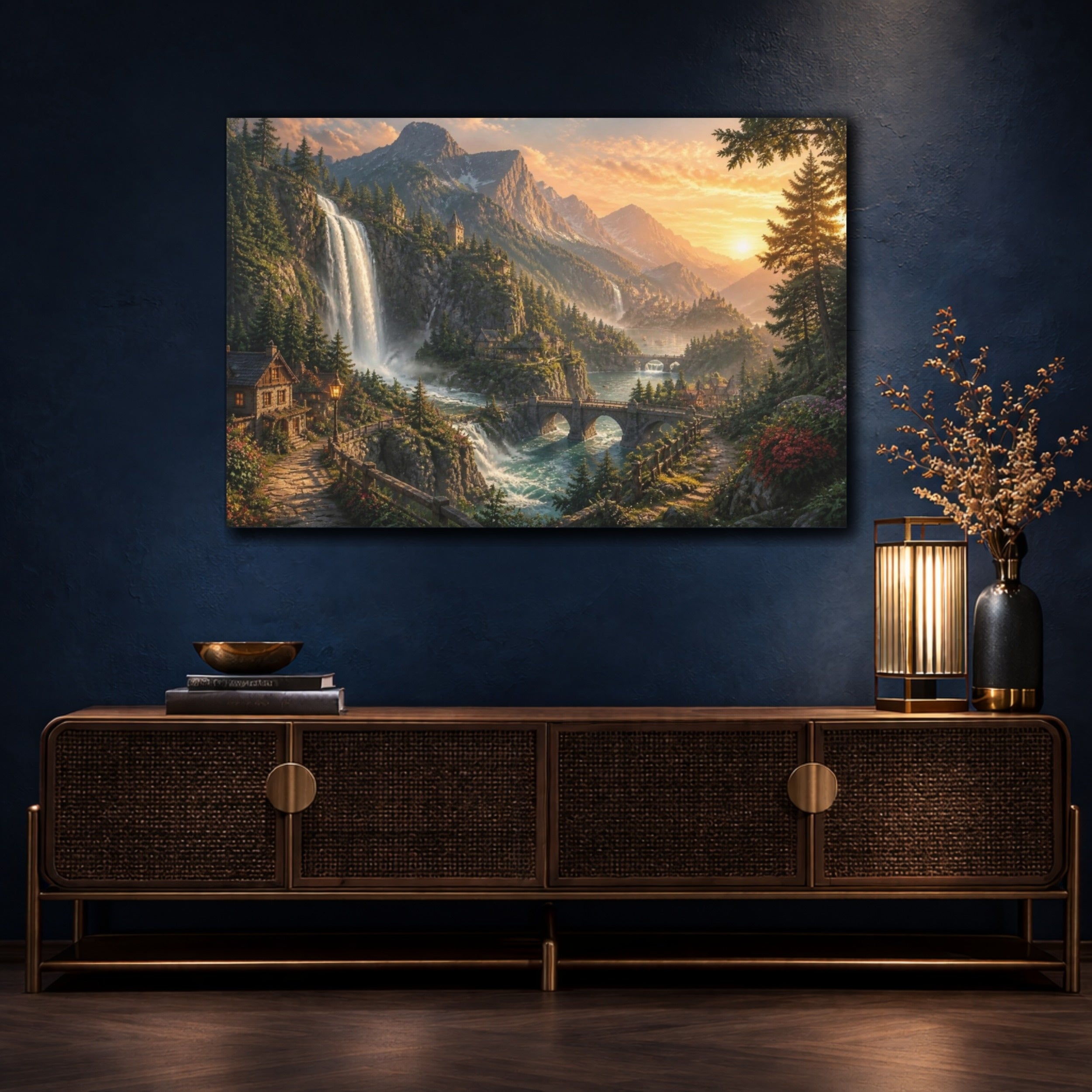 Mockup 4. Golden Waterfall Landscape shown as canvas print