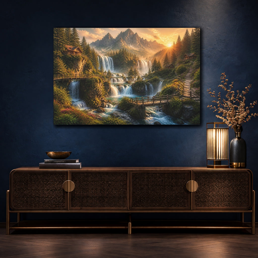 Mockup 4. Golden Waterfall Landscape shown as canvas print