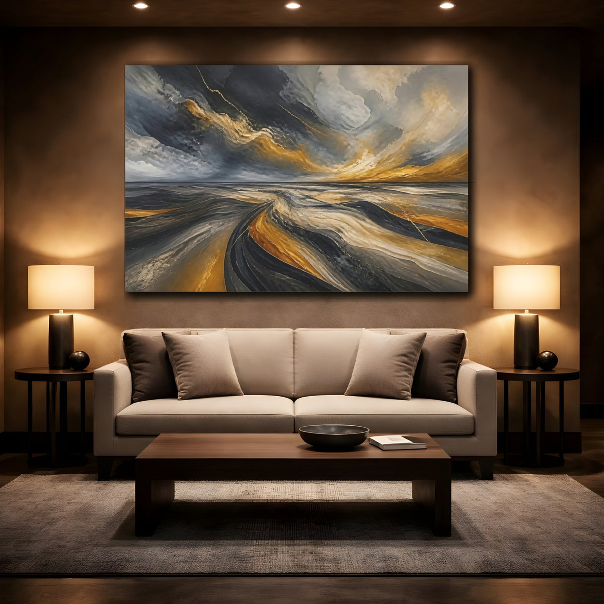 Mockup 2. Golden Waves Horizon shown as canvas print