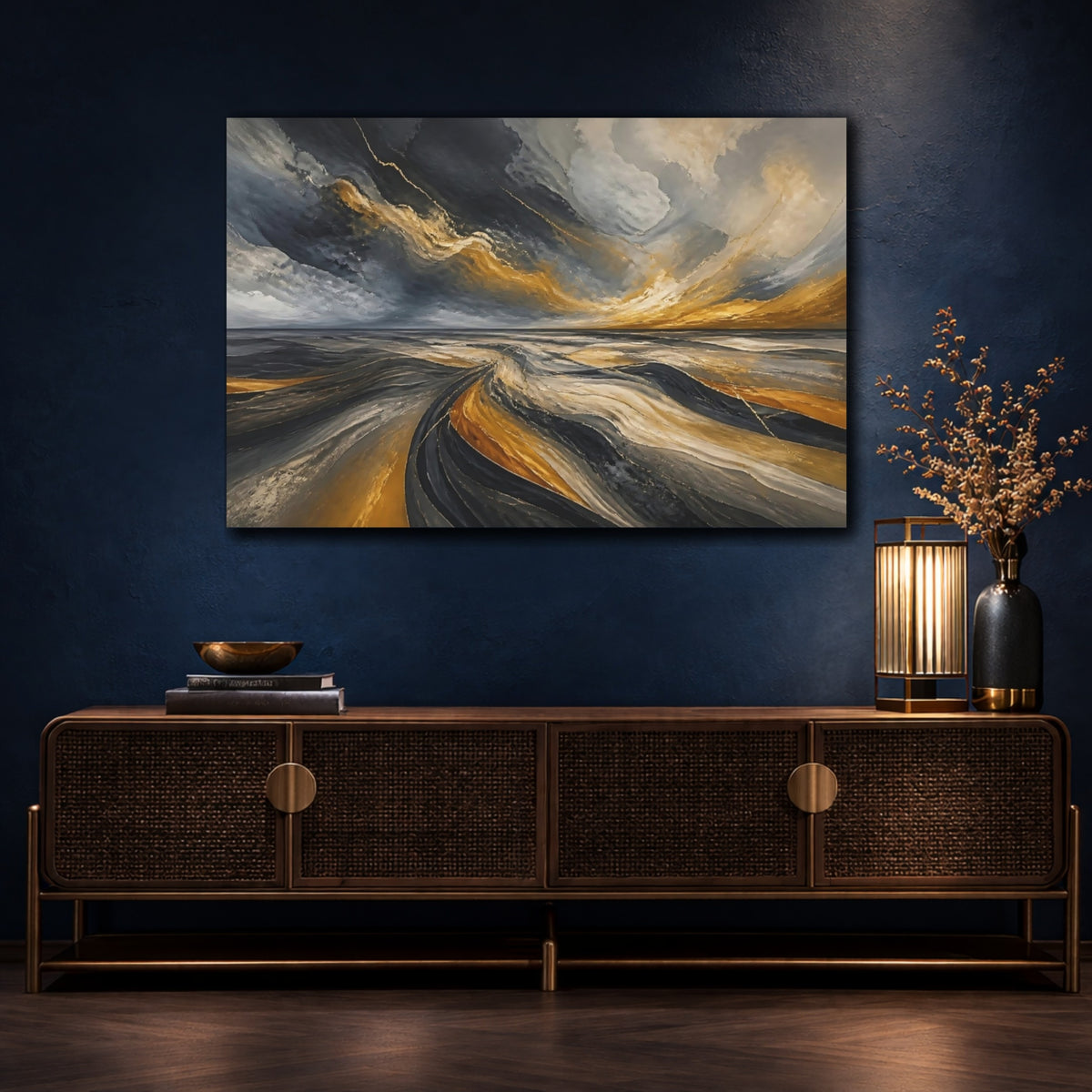 Mockup 4. Golden Waves Horizon shown as canvas print