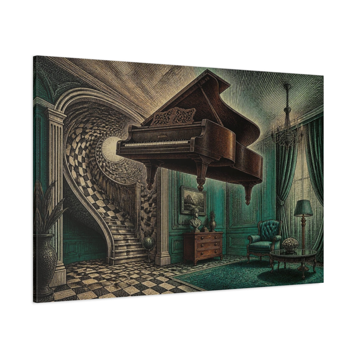 Side Mockup 1. Grand Piano Illusion shown as canvas print