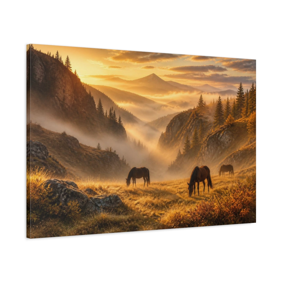 Main Mockup. Grazing Horses Landscape shown as canvas print