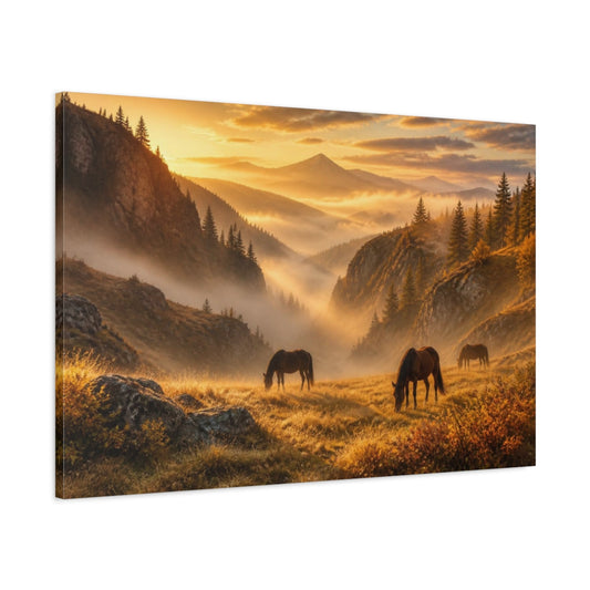 Main Mockup. Grazing Horses Landscape shown as canvas print