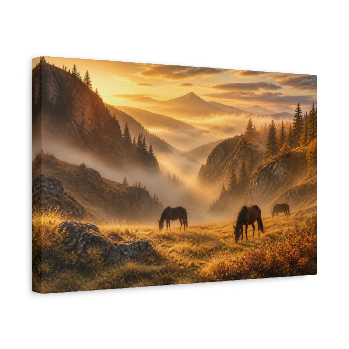 Side Mockup 4. Grazing Horses Landscape shown as canvas print