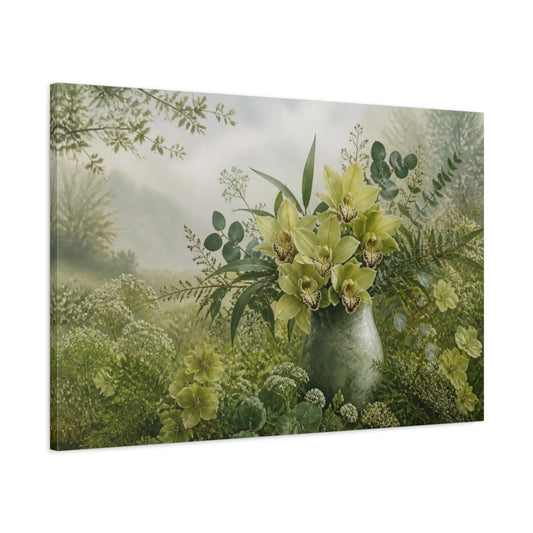 Main Mockup. Green Orchid Floral Bouquet shown as canvas print