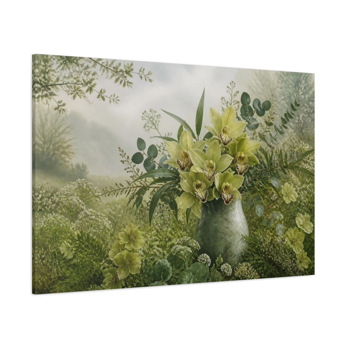 Side Mockup 1. Green Orchid Floral Bouquet shown as canvas print