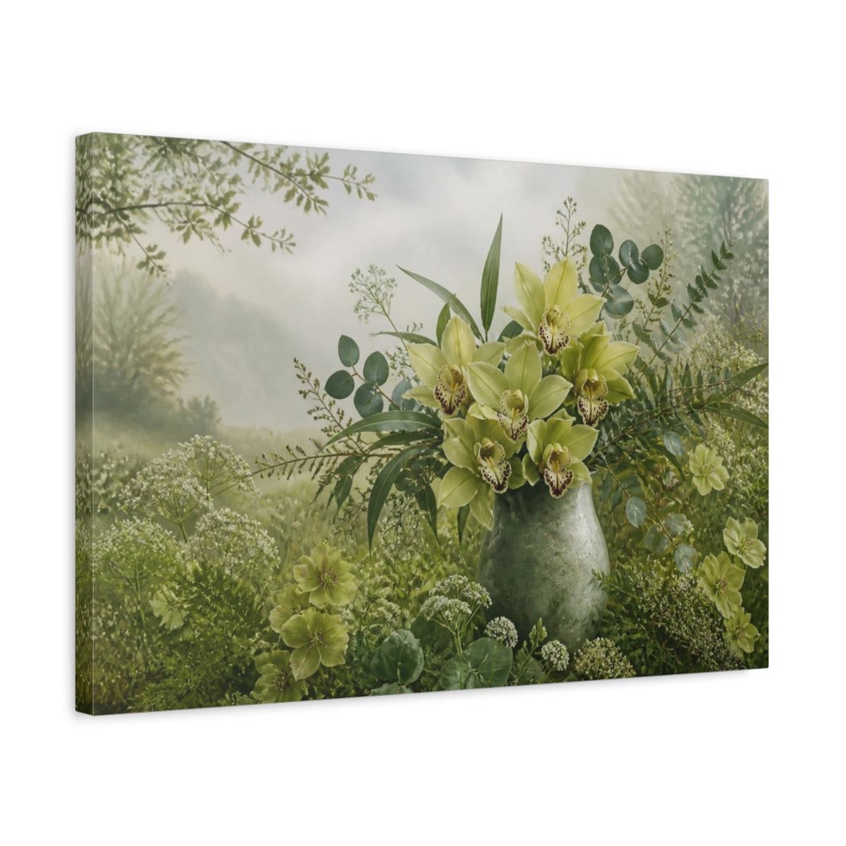 Side Mockup 3. Green Orchid Floral Bouquet shown as canvas print