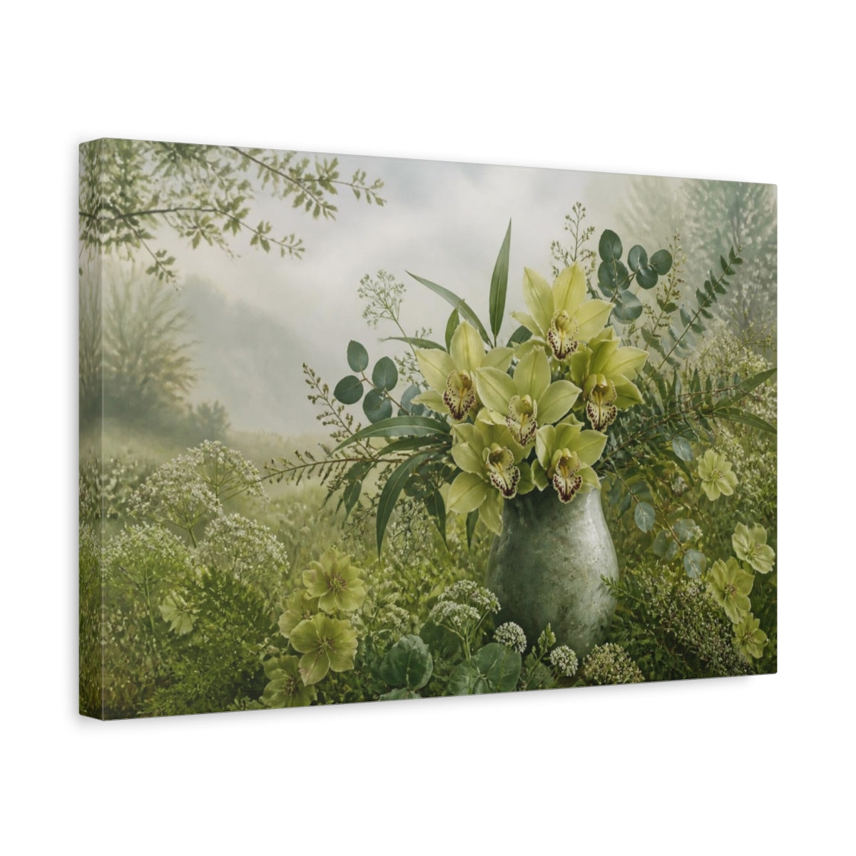 Side Mockup 4. Green Orchid Floral Bouquet shown as canvas print