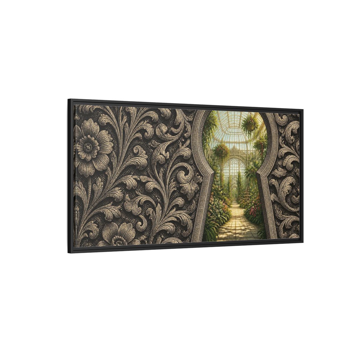 Side Mockup 5. Greenhouse Keyhole Illusion shown as framed canvas print