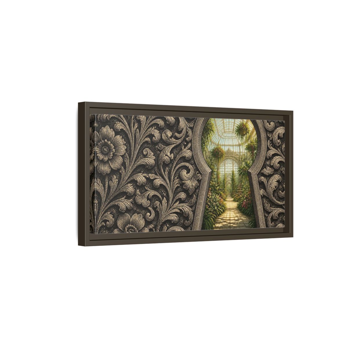 Side Mockup 7. Greenhouse Keyhole Illusion shown as framed canvas print