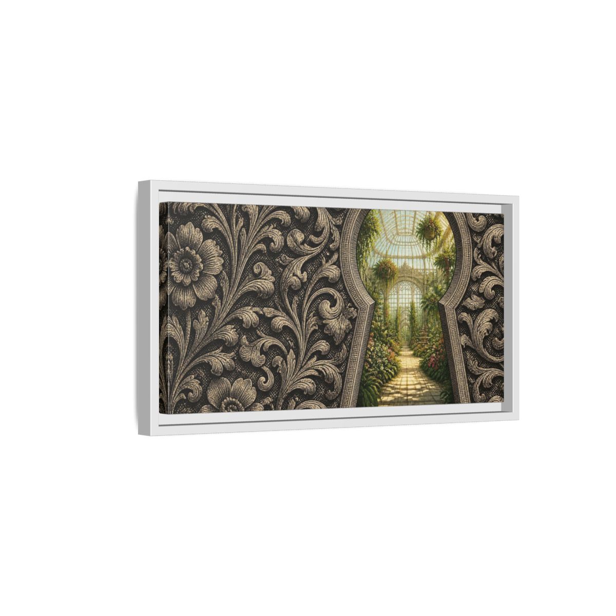 Side Mockup 6. Greenhouse Keyhole Illusion shown as framed canvas print
