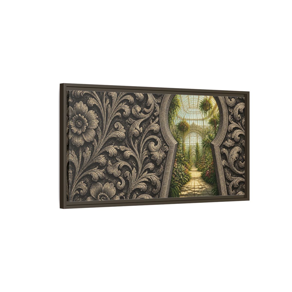Main Mockup. Greenhouse Keyhole Illusion shown as framed canvas print