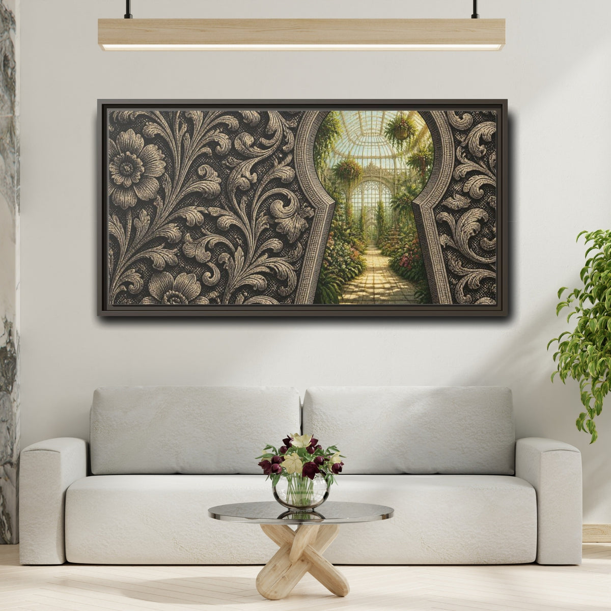 Mockup 2. Greenhouse Keyhole Illusion shown as framed canvas print