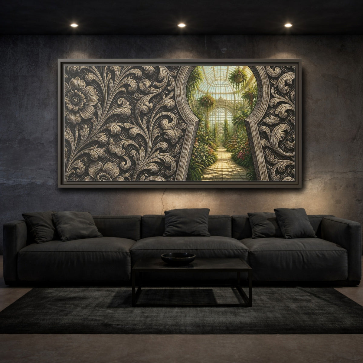 Mockup 3. Greenhouse Keyhole Illusion shown as framed canvas print