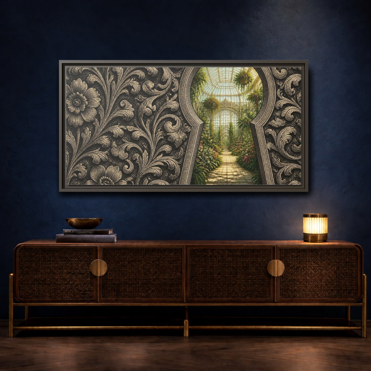 Mockup 4. Greenhouse Keyhole Illusion shown as framed canvas print