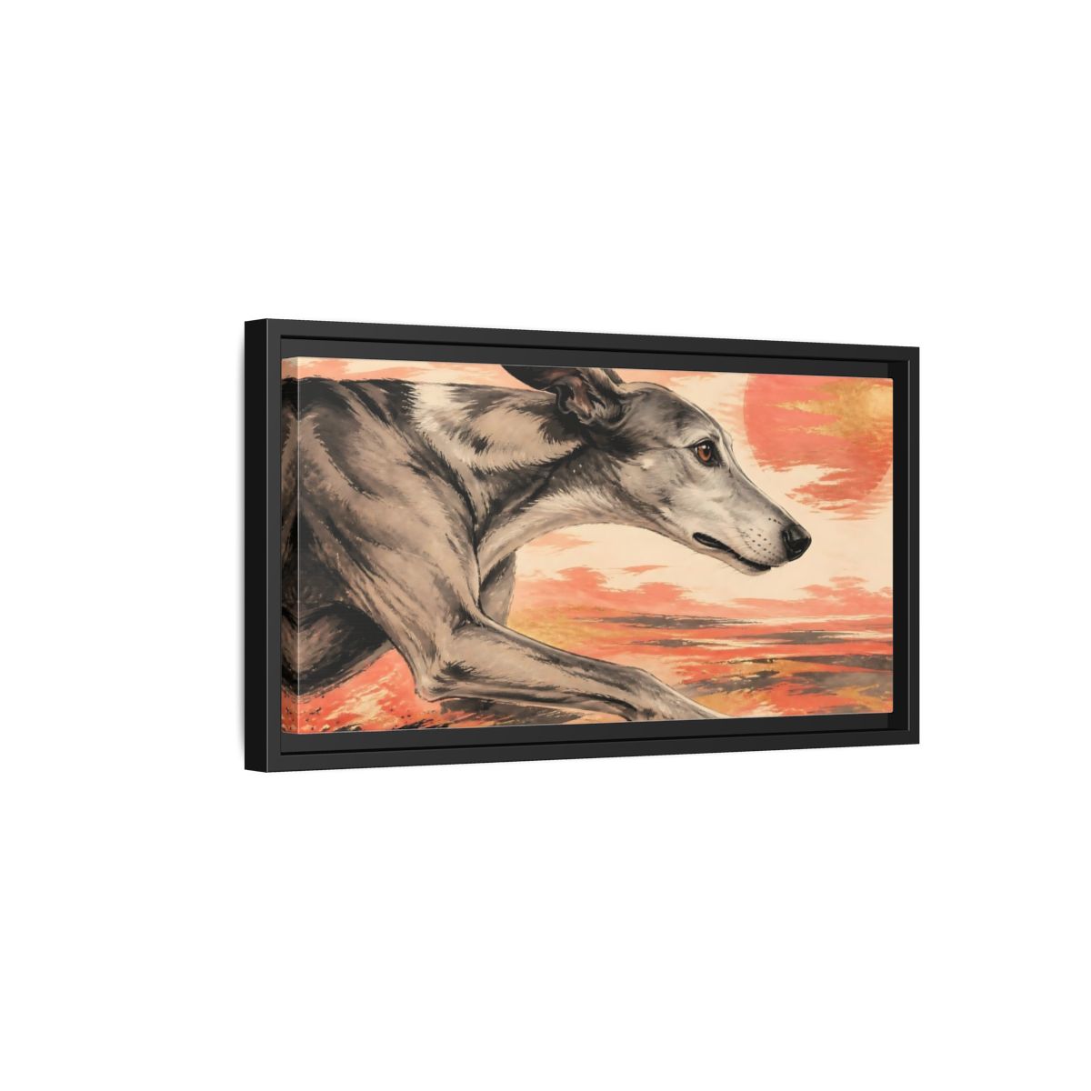Side Mockup 8. Greyhound At Sunset shown as framed canvas print