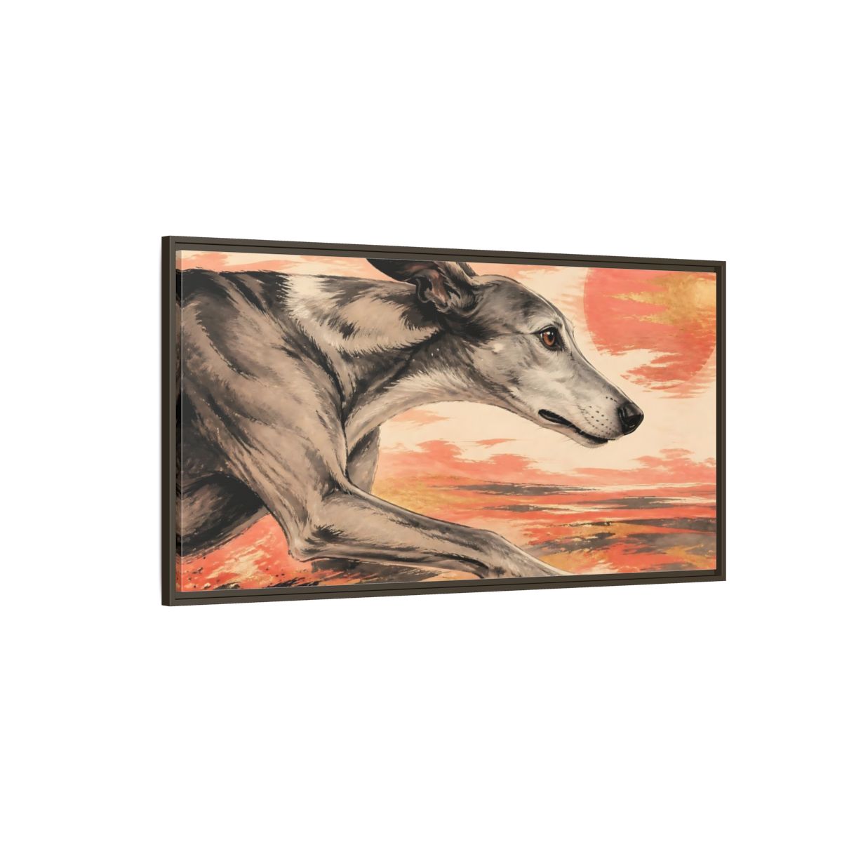 Side Mockup 4. Greyhound At Sunset shown as framed canvas print