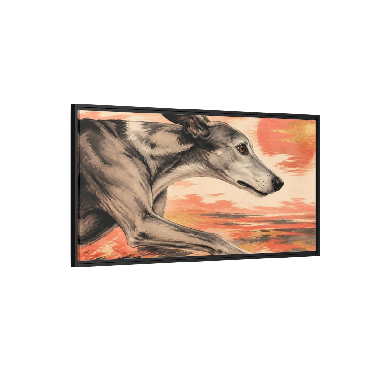 Side Mockup 5. Greyhound At Sunset shown as framed canvas print