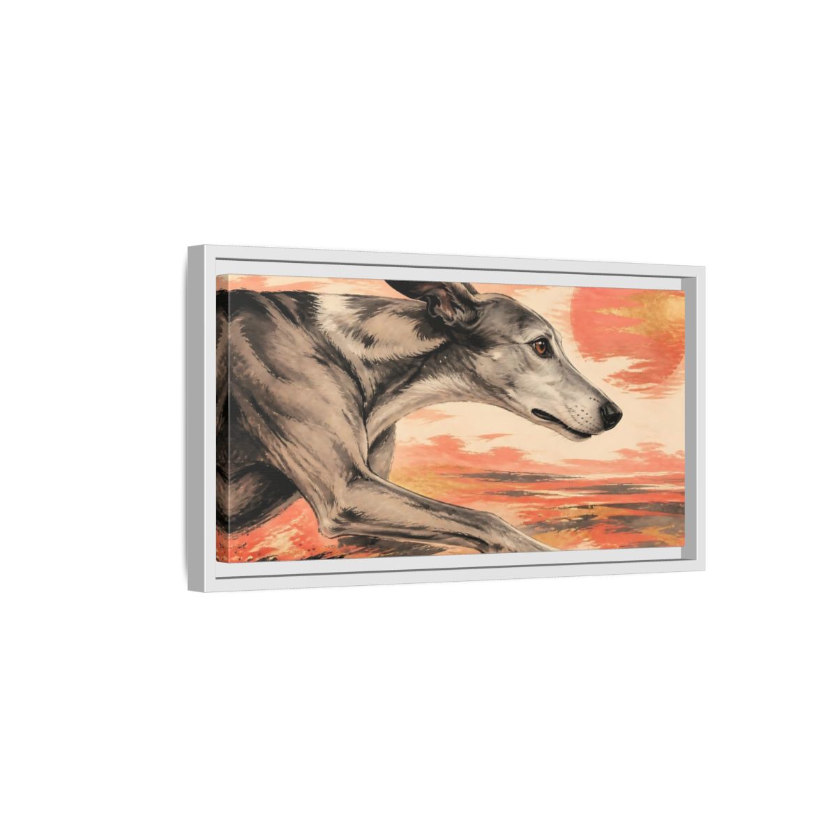 Side Mockup 6. Greyhound At Sunset shown as framed canvas print
