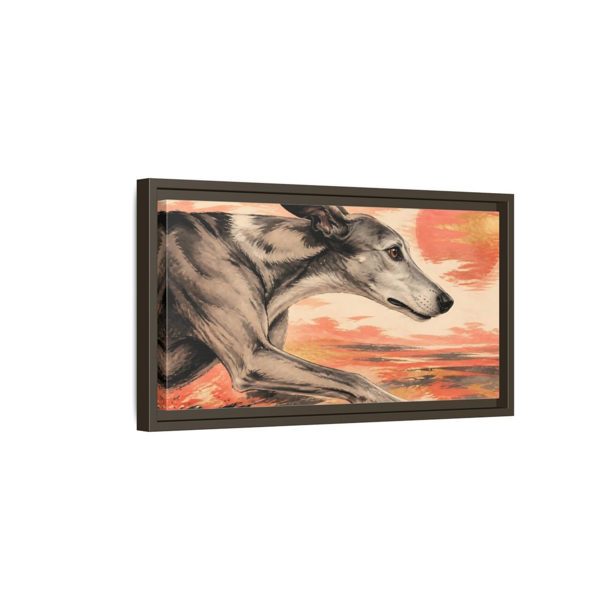 Side Mockup 7. Greyhound At Sunset shown as framed canvas print