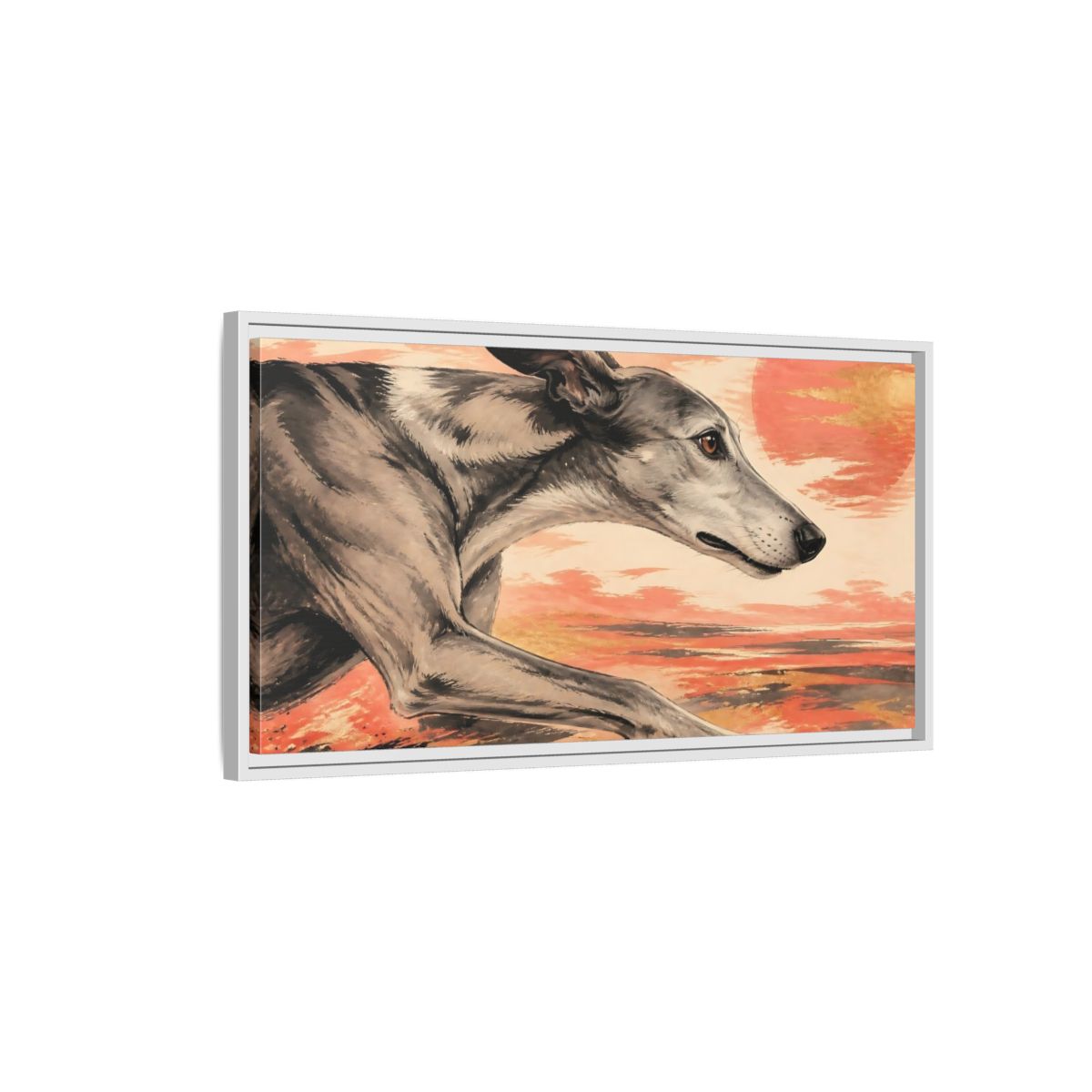 Side Mockup 1. Greyhound At Sunset shown as framed canvas print