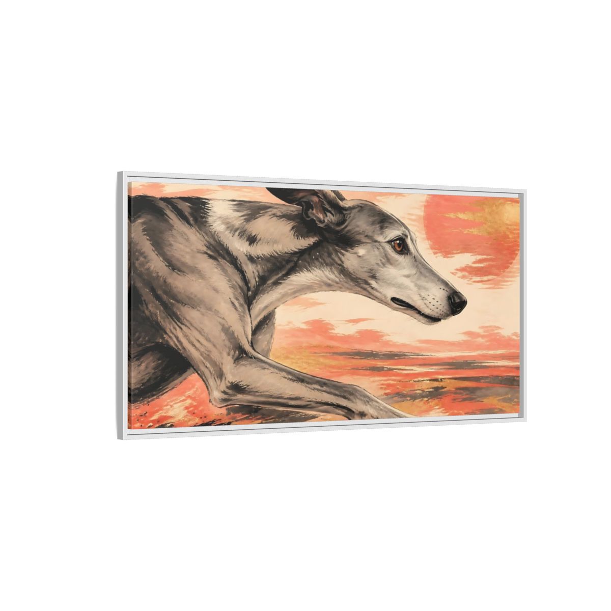 Side Mockup 3. Greyhound At Sunset shown as framed canvas print