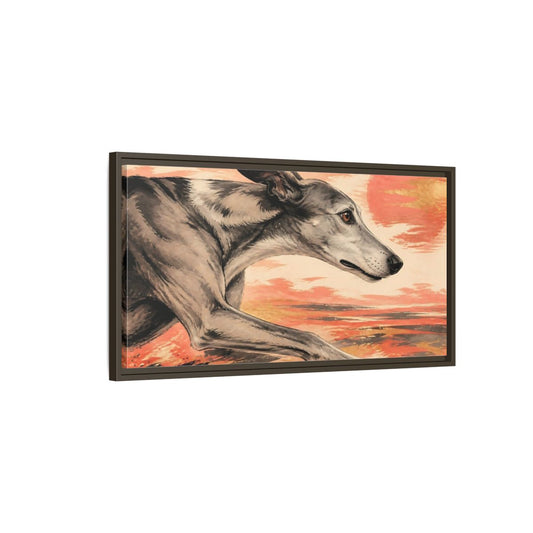 Main Mockup. Greyhound At Sunset shown as framed canvas print