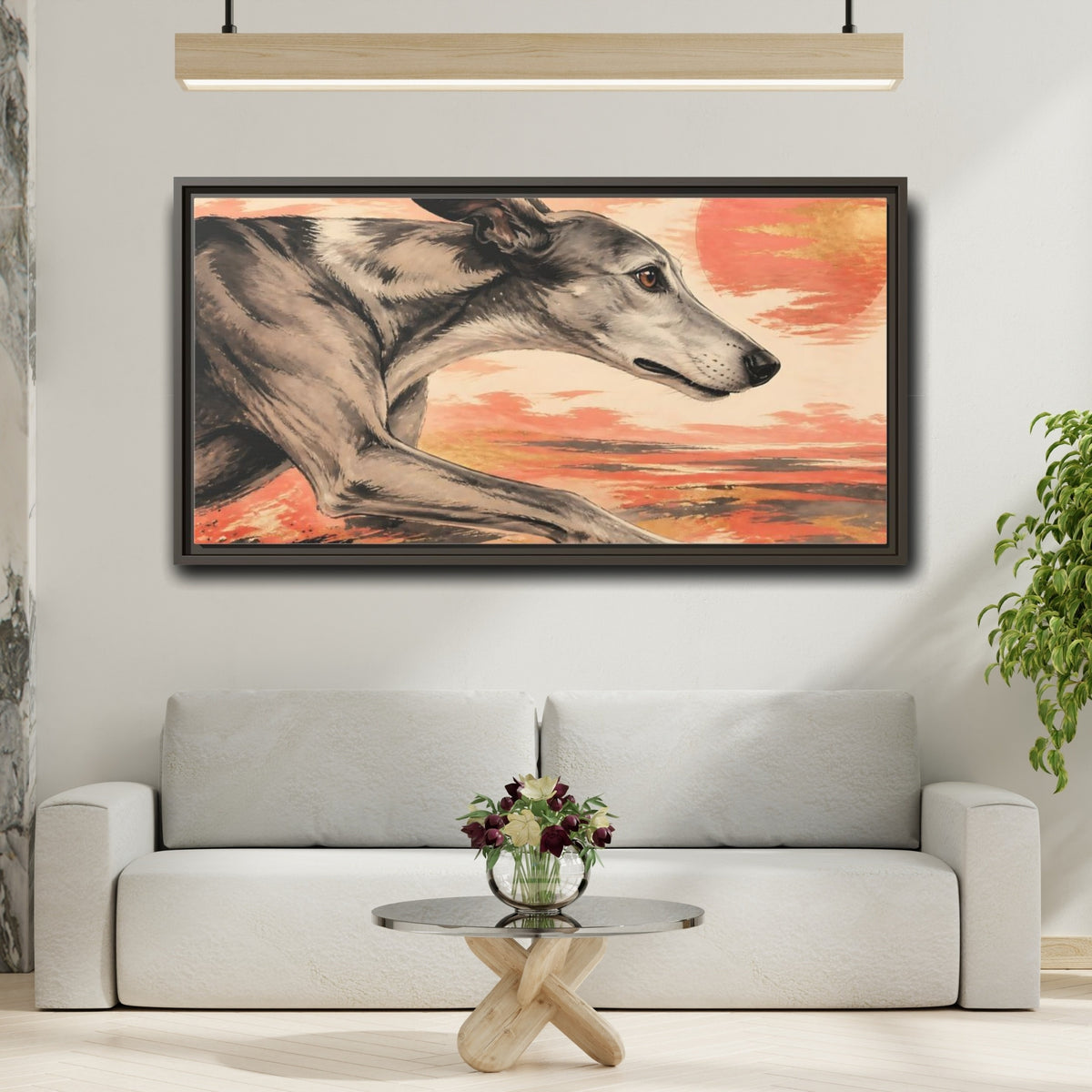 Mockup 2. Greyhound At Sunset shown as framed canvas print