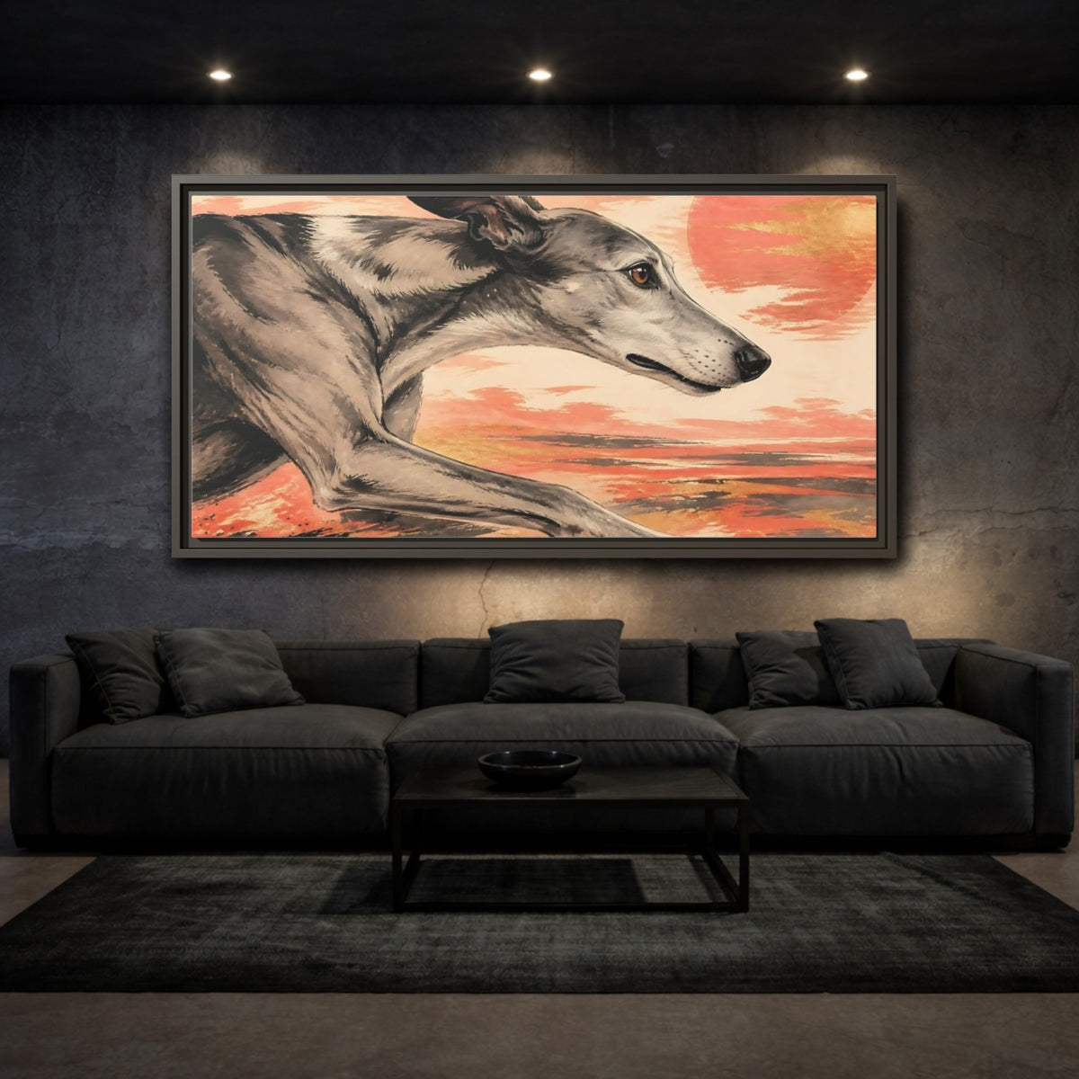 Mockup 3. Greyhound At Sunset shown as framed canvas print