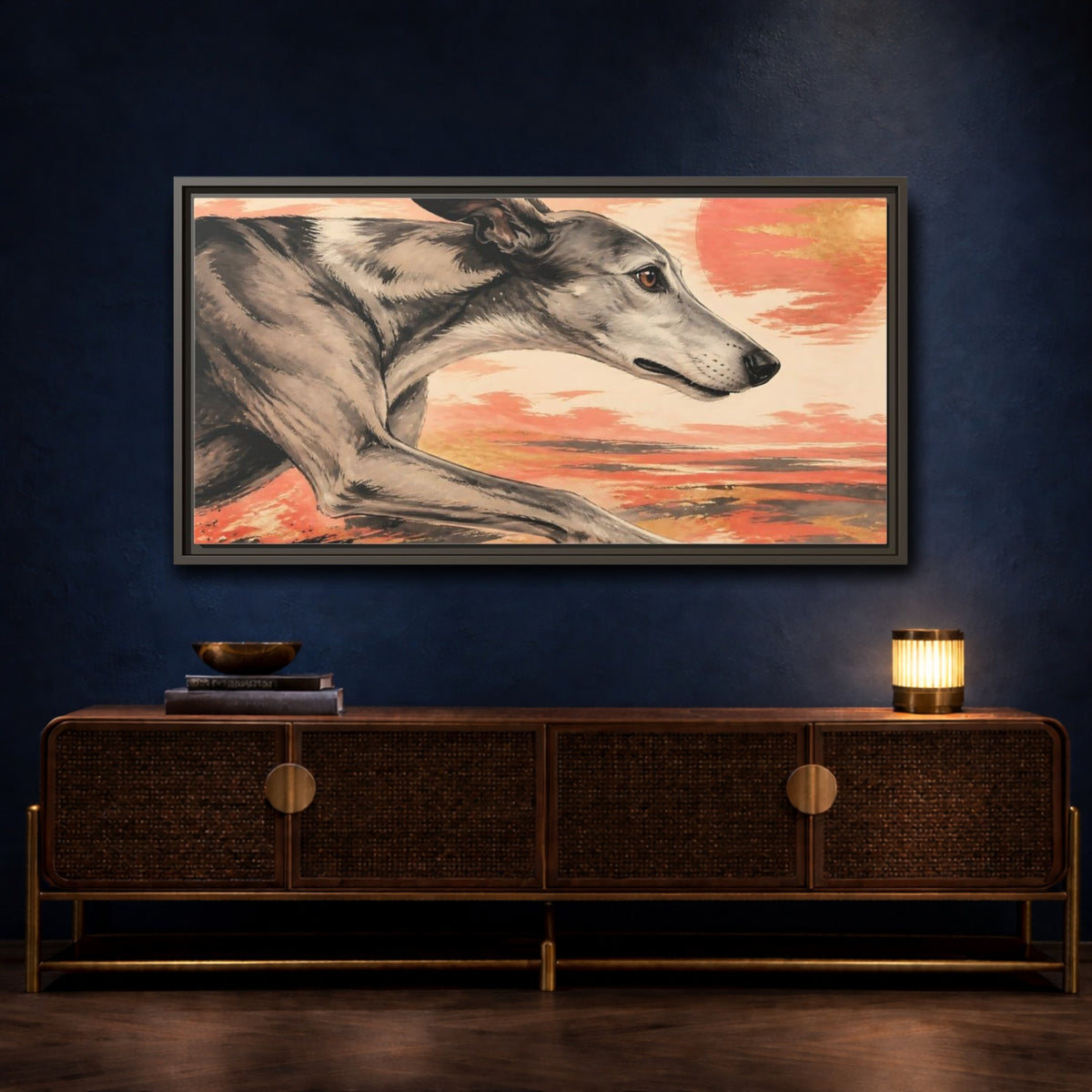 Mockup 4. Greyhound At Sunset shown as framed canvas print