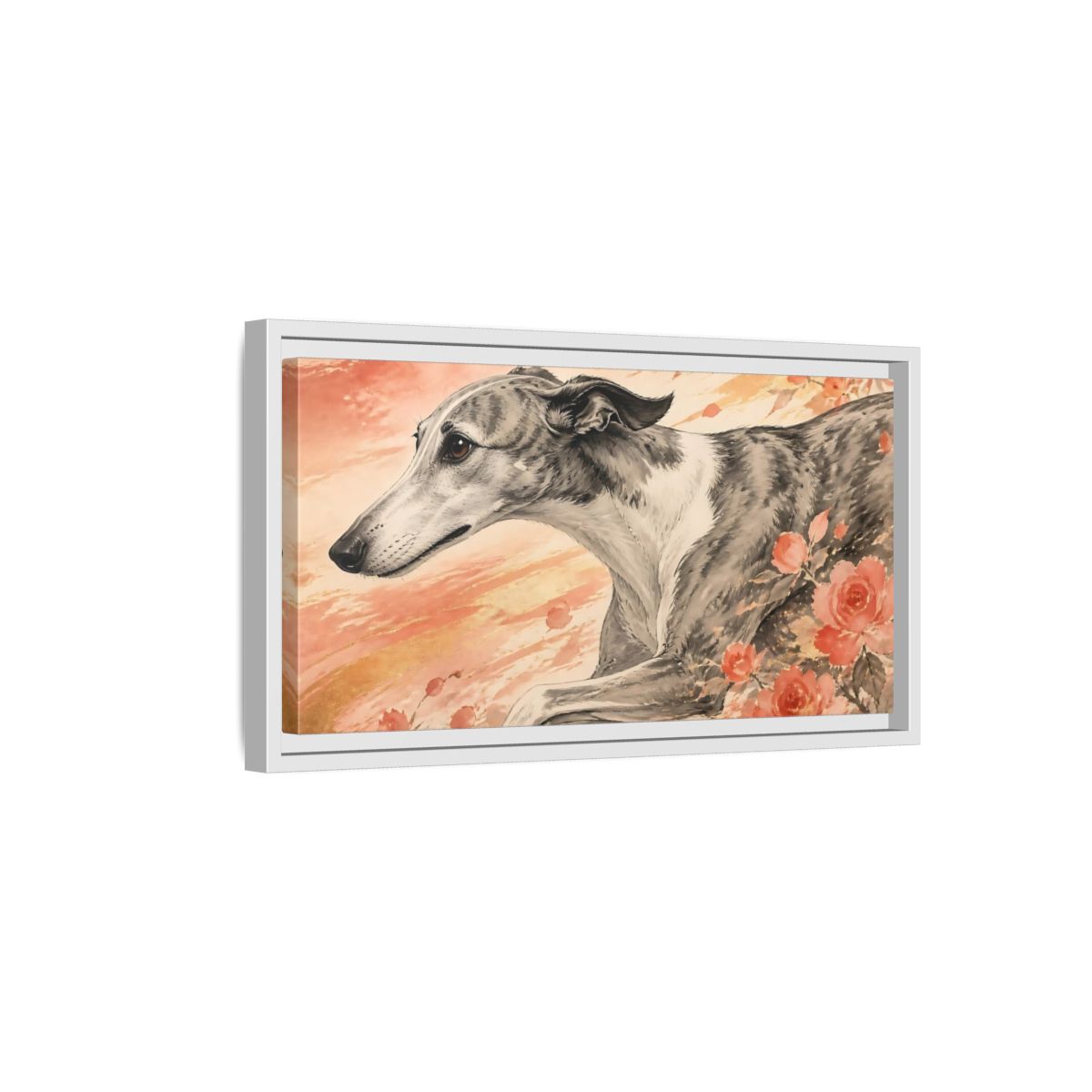 Side Mockup 6. Greyhound With Roses shown as framed canvas print