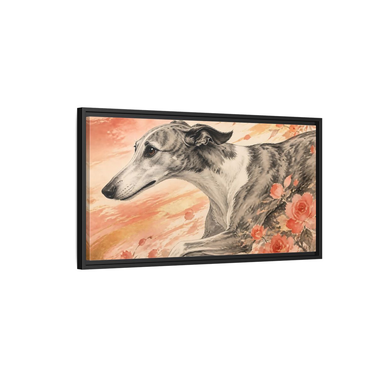 Side Mockup 2. Greyhound With Roses shown as framed canvas print