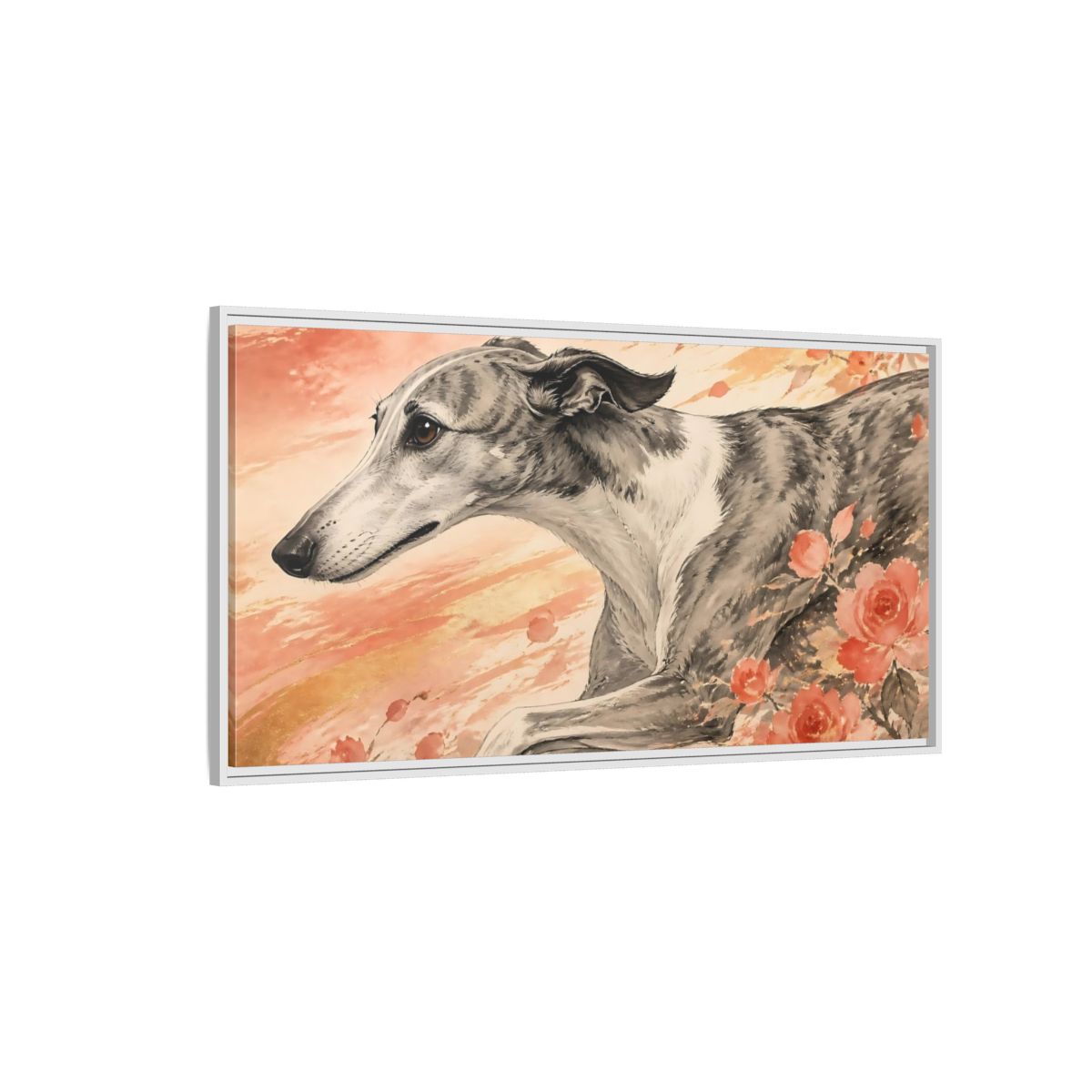 Side Mockup 3. Greyhound With Roses shown as framed canvas print