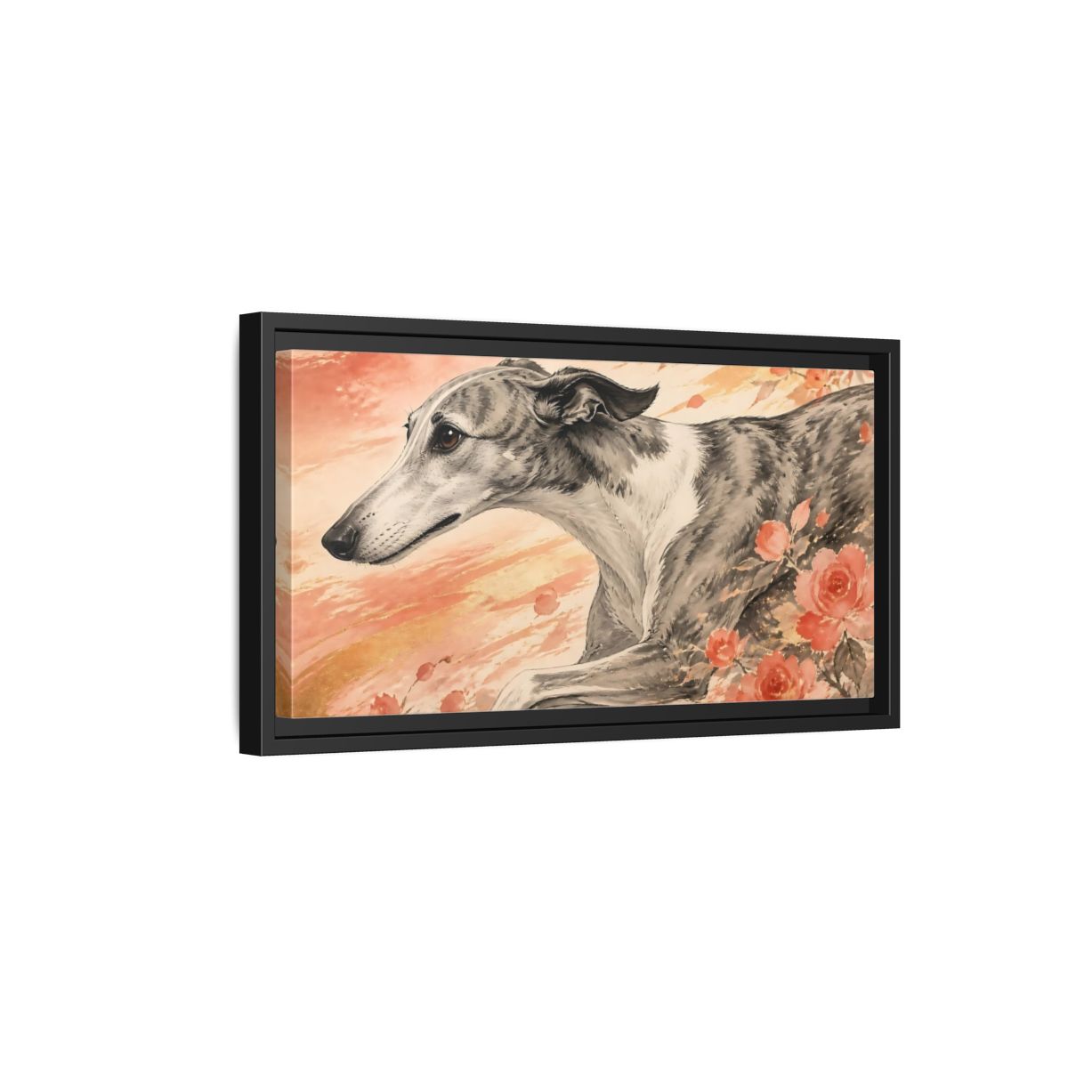 Side Mockup 8. Greyhound With Roses shown as framed canvas print