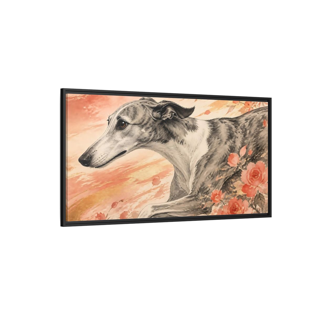 Side Mockup 5. Greyhound With Roses shown as framed canvas print