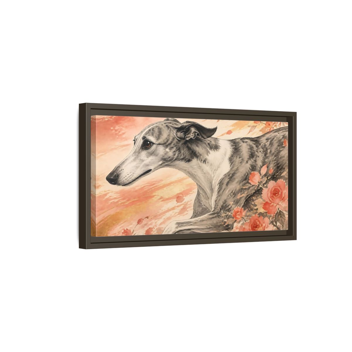 Side Mockup 7. Greyhound With Roses shown as framed canvas print