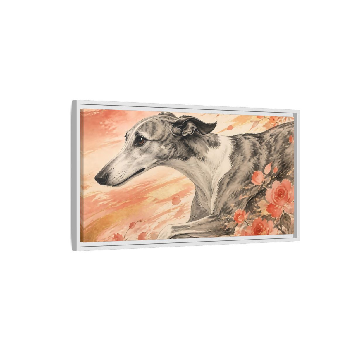 Side Mockup 1. Greyhound With Roses shown as framed canvas print