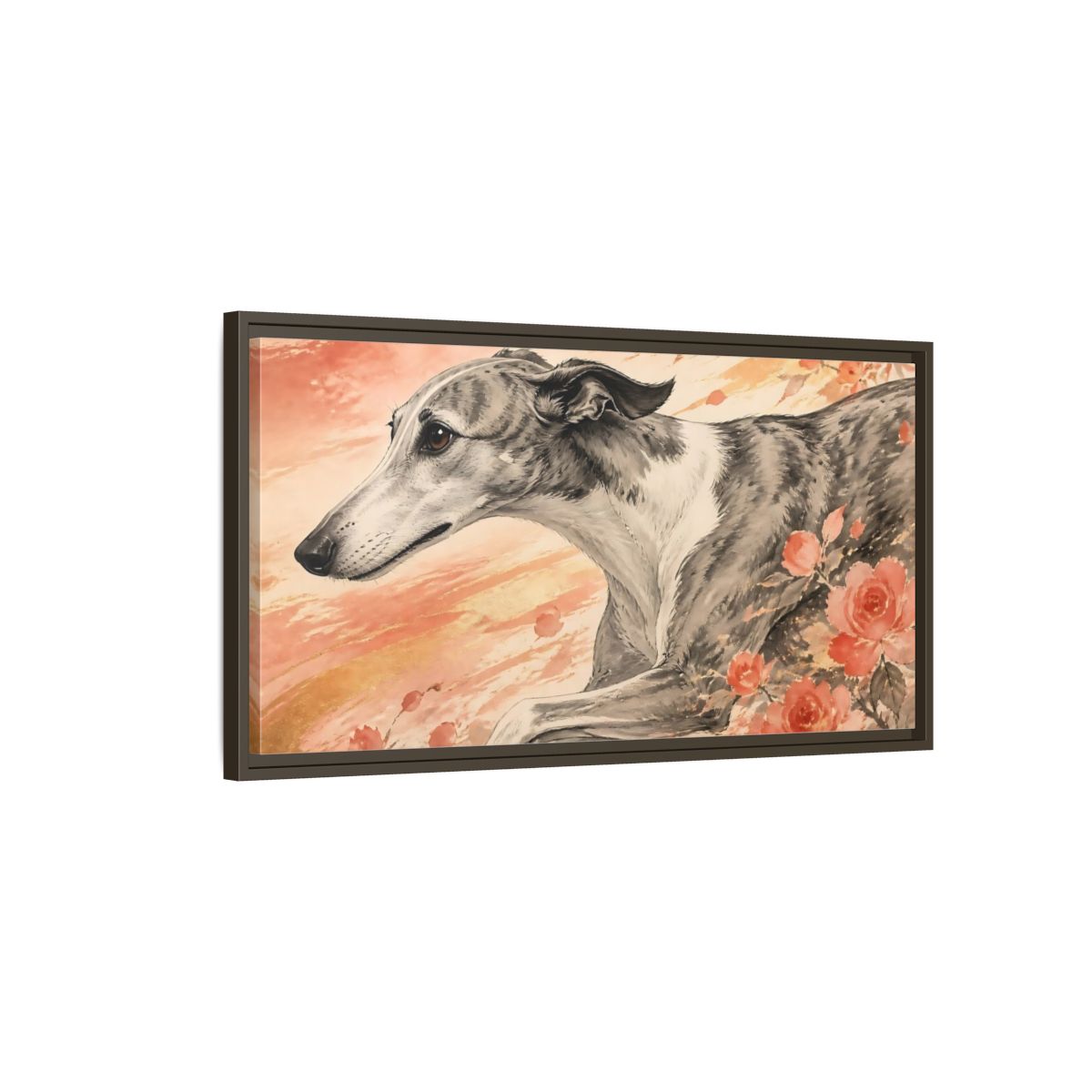 Main Mockup. Greyhound With Roses shown as framed canvas print