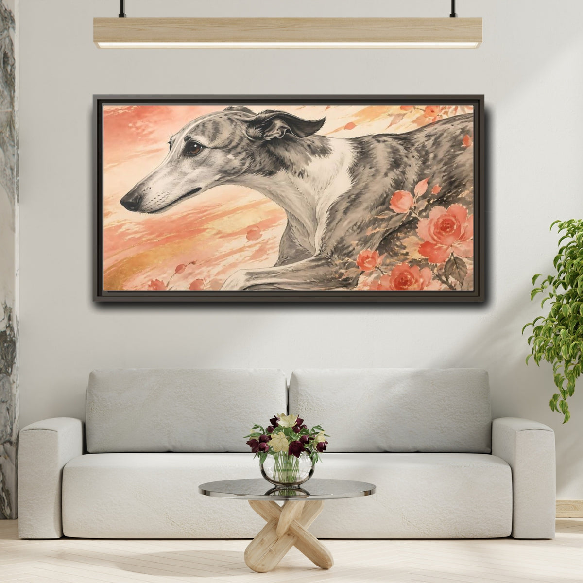 Mockup 2. Greyhound With Roses shown as framed canvas print