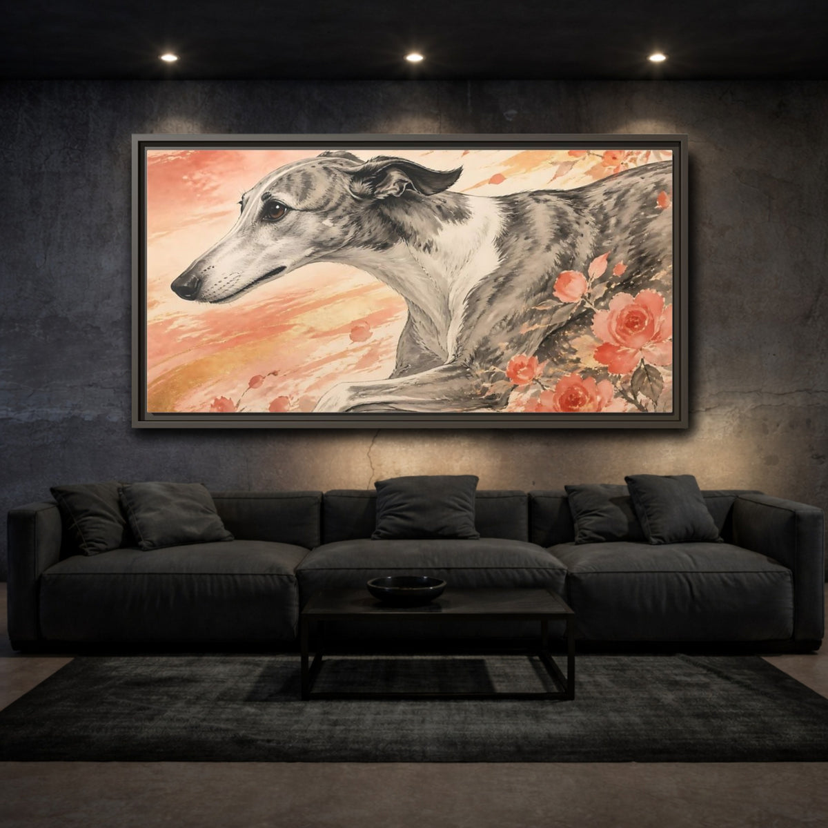 Mockup 3. Greyhound With Roses shown as framed canvas print
