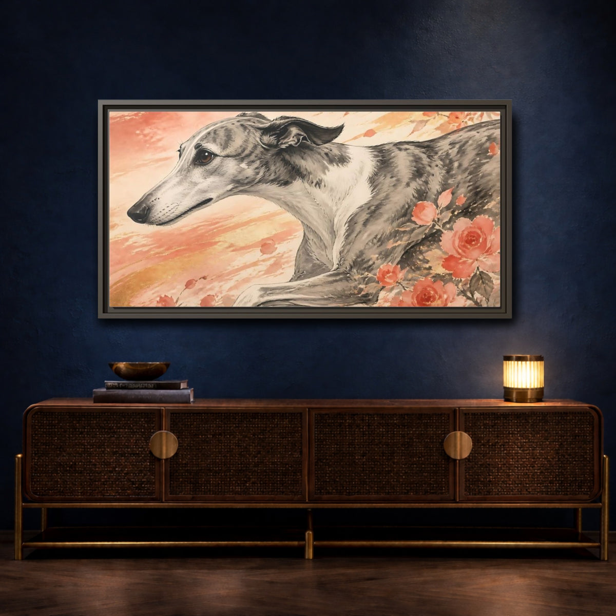 Mockup 4. Greyhound With Roses shown as framed canvas print