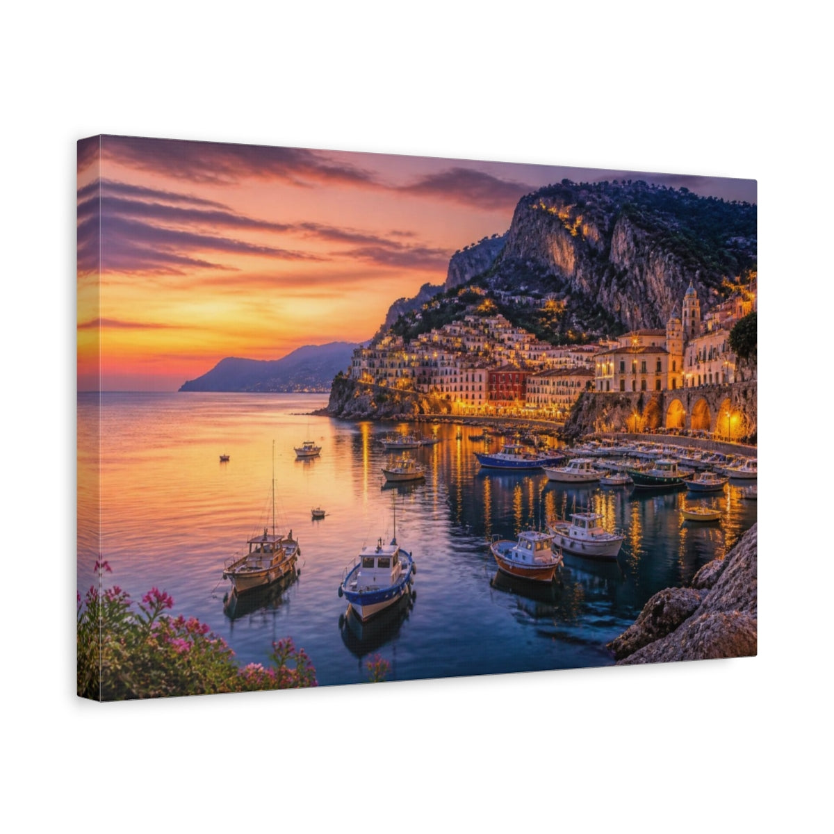 Side Mockup 4. Harbor Landscape At Dusk shown as canvas print