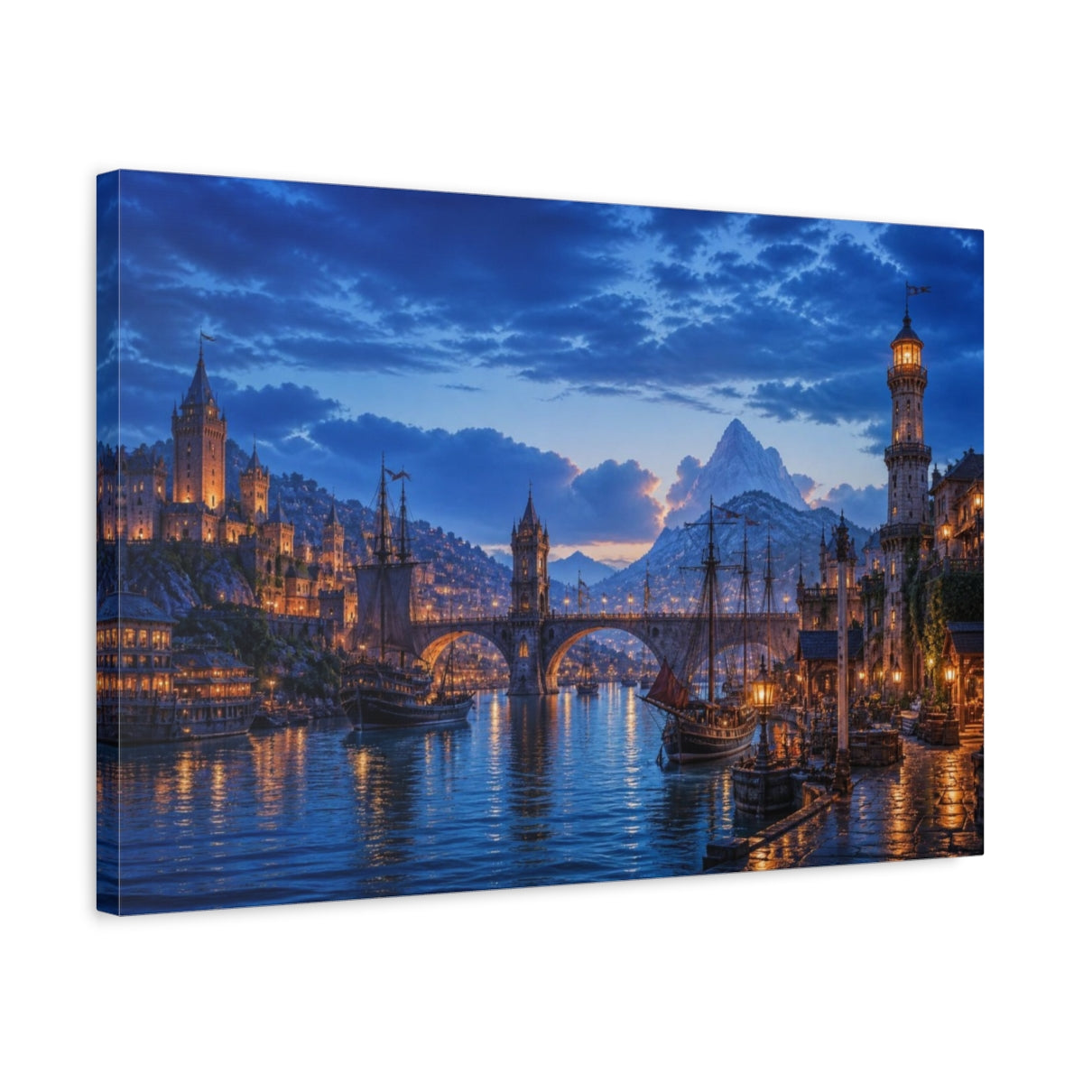 Side Mockup 3. Harbor Landscape At Twilight shown as canvas print